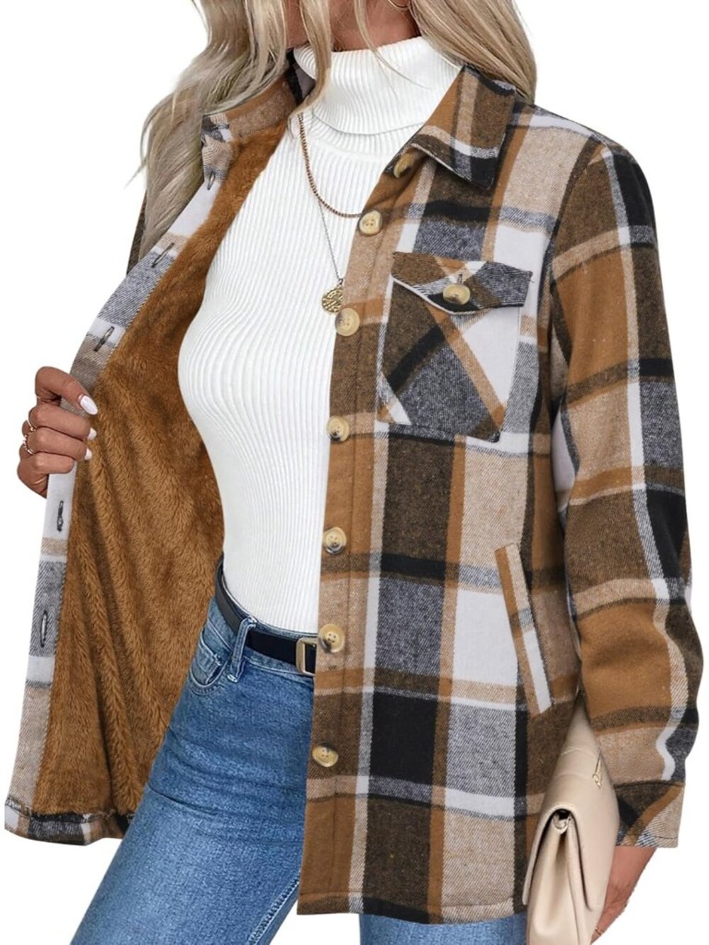 Women's Brown Black Sherpa Fleece Lined Winter Plaid Flannel Jacket With pocket